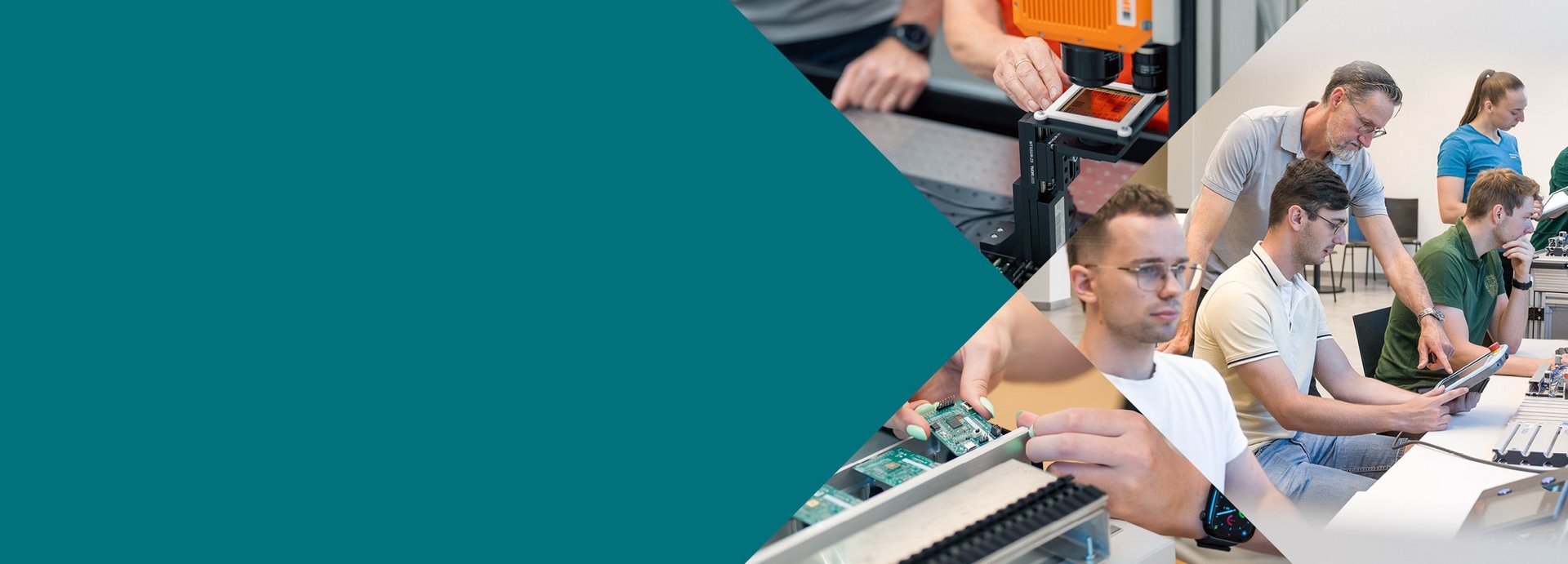 Headerbild-Collage mit drei Bildern aus dem Labor der Automation und Messtechnik.